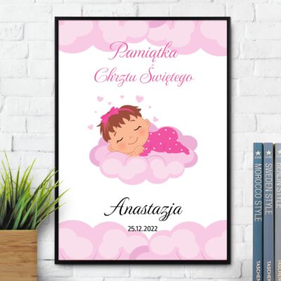 Plakat na prezent, pamiątka Chrztu Świętego dla dziewczynki.