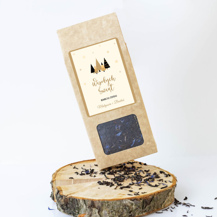 Świąteczna herbata na prezent. Personalizowana etykieta, pięknie zapakowana w kartonik z okienkiem.