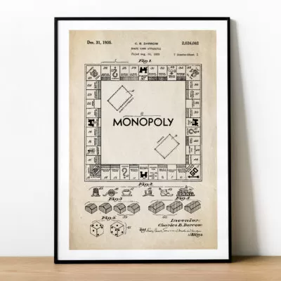 Plakat z patentem na Monopoly