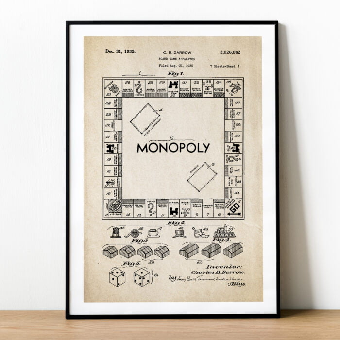 Plakat z patentem na Monopoly