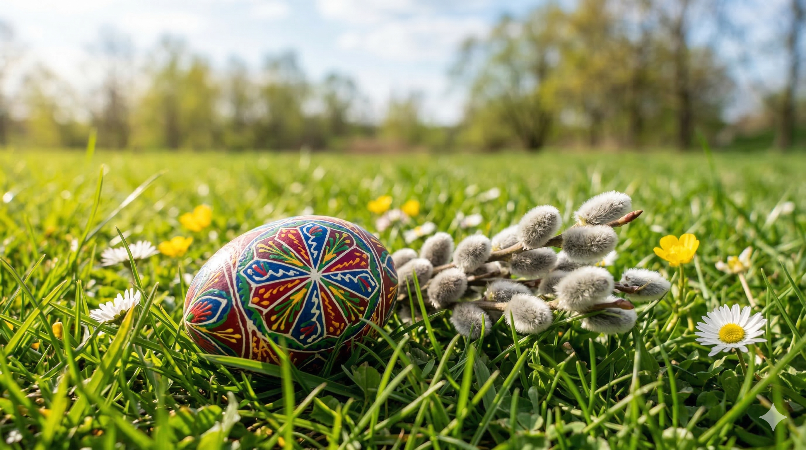 Wielkanocne jajko oraz bazie leżące w zielonej trawie.